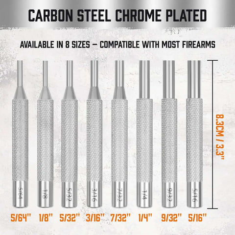 8 sizes of carbon steel chrome plated punches from 22-Piece Punch and Hammer Set With Interchangeable Hammer Heads, Steel Roll Pin Punch Set.