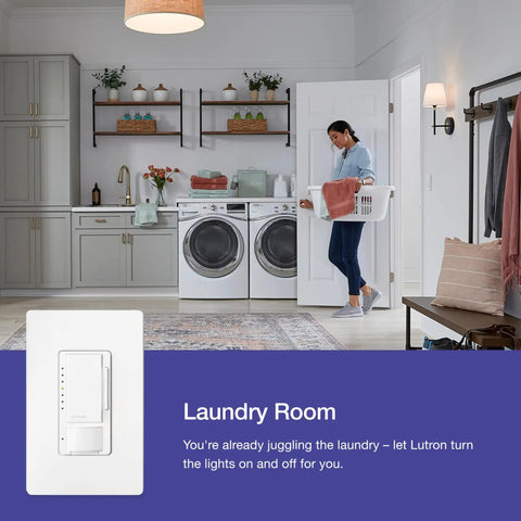 Motion Sensor Dimmer Switch With Hands Free Operation For Bathroom, Garage, Laundry Room And Closet, Gray finish in a laundry room setting.