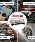 Image showcasing 0, 2, 4 Gauge AWG Inline ANL Fuse Holder With 250 Amp Fuse for automotive use, highlighting versatile applications.