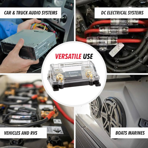 Image showcasing 0, 2, 4 Gauge AWG Inline ANL Fuse Holder With 250 Amp Fuse for automotive use, highlighting versatile applications.