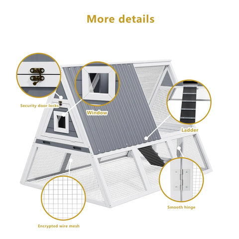 Detailed view of Large Triangle Chicken Coop With Run For 4-6 Chickens, Wooden A-Frame Hen House with weatherproof roof and nesting boxes.