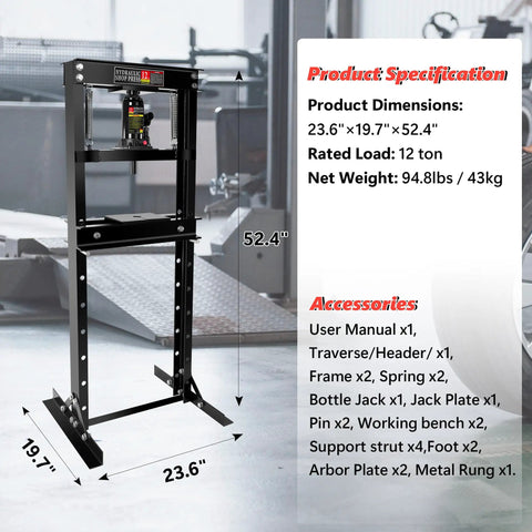 12 Ton H Frame Hydraulic Shop Press for Garage Floor Use With Adjustable Bed and Stamping Plates specification details