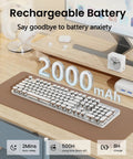 Wireless Typewriter Style Mechanical Keyboard With Clicky Blue Switches And Crisp White Backlighting To Give Your Desk A Kickin Retro Vibe And Legit Smooth Typing Sessions displayed on a desk with rechargeable battery details.