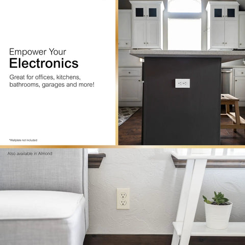 UltraPro Duplex Heavy Duty Wall Outlet With Reinforced Yoke And Self Grounding Clip 3 Prong 15A White UL Listed Receptacle in kitchen.