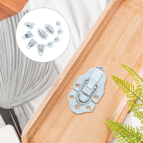 Retro Draw Latch Lock Set For Jewelry Boxes Silver Metal Hasp Buckle With 25mm And 16mm Hole Spacings Easy Install displayed on wood