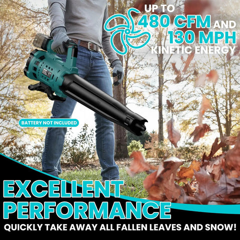 Man using Cordless Leaf Blower With Brushless Motor, 480 CFM, Up To 130 MPH on autumn leaves, battery not included