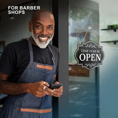 Open And Closed Business Sign 11x8 Inch Dibond Weatherproof Come In Or Closed Sign With Rope Indoor Outdoor displayed in barber shop