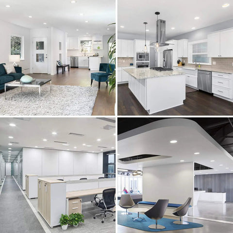 Modern interiors featuring 6 Pack 4 Inch Canless LED Recessed Lights With Junction Box, Ultra Thin 5000K Daylight, Dimmable Retrofit Downlights.