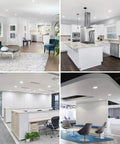 Installed 12 Pack 4 Inch Canless LED Recessed Lights in ceiling of various rooms showcasing ultra-thin dimmable design, 5000K daylight