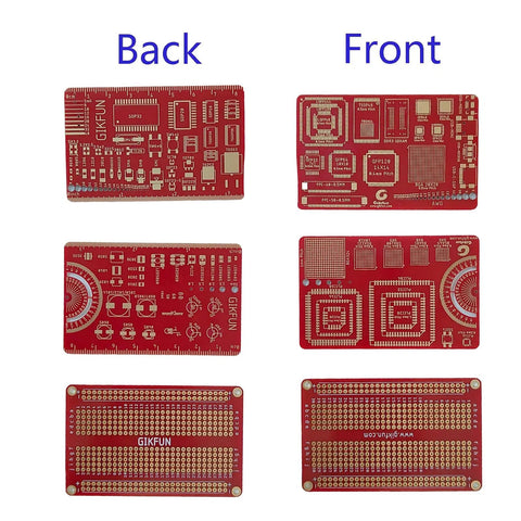 Front and back view of Pack Of 3 PCB Ruler And SMD Component Reference Measuring Tool With Resistor Capacitor IC Stencil.