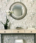 Gray Floral Peel And Stick Wallpaper Removable For Walls, Self Adhesive Home Decor, Renters Friendly, Repositionable And No Residue Easy To Remove, 20.5 In By 18 Ft, Modern Eastern Inspired Pattern with mirror and table