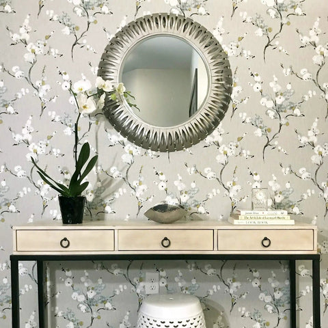 Gray Floral Peel And Stick Wallpaper Removable For Walls, Self Adhesive Home Decor, Renters Friendly, Repositionable And No Residue Easy To Remove, 20.5 In By 18 Ft, Modern Eastern Inspired Pattern with mirror and table