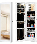 Full-Length Mirror Jewelry Cabinet With LED Interior Lights, Wall Or Door Mounted Armoire, White Jewelry Organizer Open View