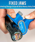 Pro-Grade Ratcheting Cable Slitter for Heavy-Duty Cables Built Tough With Fixed Jaws in use on thick cable