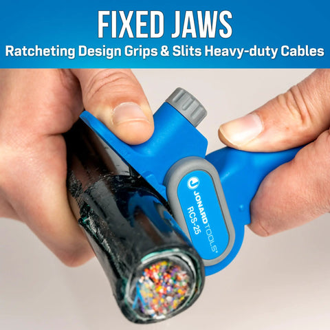 Pro-Grade Ratcheting Cable Slitter for Heavy-Duty Cables Built Tough With Fixed Jaws in use on thick cable