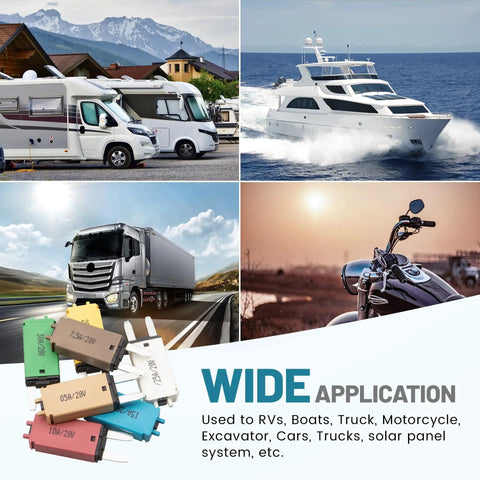 No Fuss Road Ready ATM Manual Reset Fuse Kit With Low Profile Mini Blade shown with RVs, trucks, a yacht, and a motorcycle.