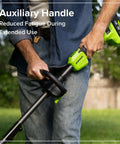 User holding the Auxiliary Handle of the No Wiring Worries 24v Cordless String Trimmer Equipped With Brushless Motor And Fifteen Inch Wide Cutting Deck Bump Feed Quick Spool Six Amp Hour Battery Plus Charger For Smooth Grass Grind.