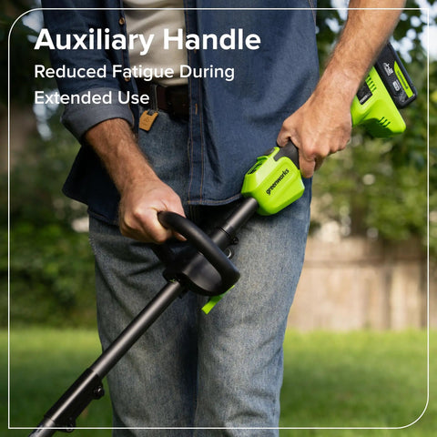 User holding the Auxiliary Handle of the No Wiring Worries 24v Cordless String Trimmer Equipped With Brushless Motor And Fifteen Inch Wide Cutting Deck Bump Feed Quick Spool Six Amp Hour Battery Plus Charger For Smooth Grass Grind.