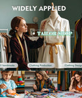 Tailor shop with mannequins, clothing racks, and measuring tape showcasing clothing production and design activities.