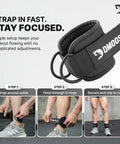Premium Ankle Strap For Cable Machines With Ultra Thick 8mm Padding, steps to secure and use, shown with black neoprene strap.