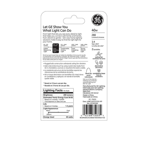 Back packaging details of GE 40W light bulb, not related to Crystal Clear Blunt Tip Decorative Light Bulbs.