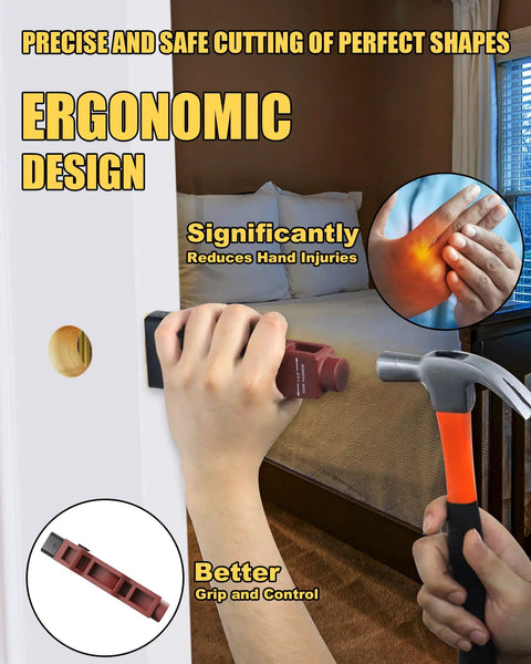 Person using Door Latch Mortise Kit For 1-3/8 And 1-3/4 Inch Doors with hammer, highlighting ergonomic design.