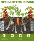 Illustration of open-bottom design with plants growing through galvanized metal, showing air and water flow for root growth