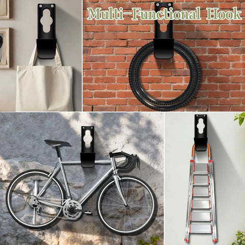 Heavy Duty Wall Mount Hose Holder For Garden Hoses used as multi-functional hook for bike, tire, ladder, and bag