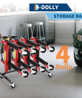 Heavy Duty Car Dolly Storage Rack with 360 Degree Swivel Casters and Four Wheel Dolly Holder in a garage setup