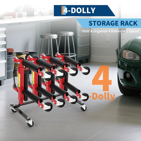 Heavy Duty Car Dolly Storage Rack with 360 Degree Swivel Casters and Four Wheel Dolly Holder in a garage setup