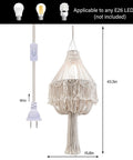 Handmade Macrame Chandelier Plug In Woven Hanging Lamp With On Off Switch 15Ft Hemp Rope Boho Pendant Light dimensions shown