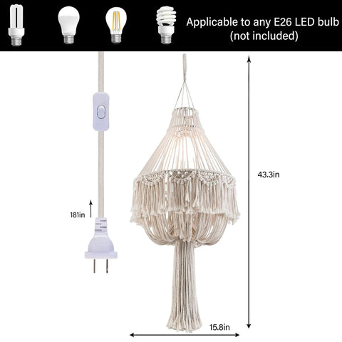 Handmade Macrame Chandelier Plug In Woven Hanging Lamp With On Off Switch 15Ft Hemp Rope Boho Pendant Light dimensions shown
