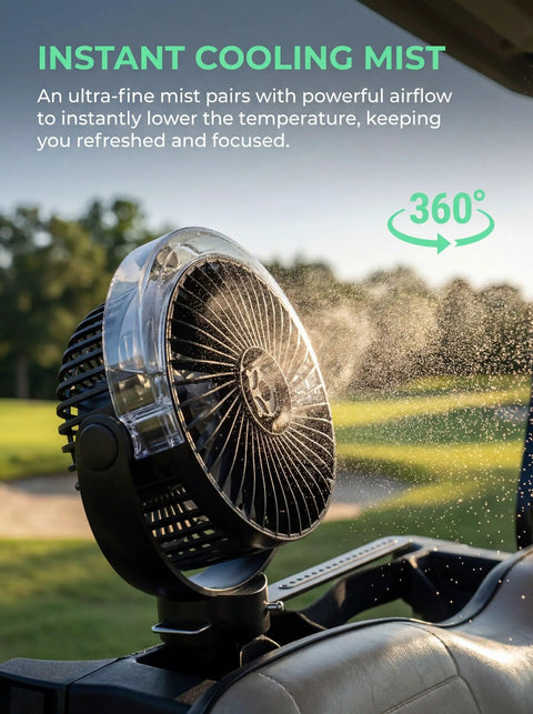 2-Pack Magnetic Golf Cart Misting Fan With Heavy-Duty Strap And 12000mAh Battery showing misting feature on golf cart