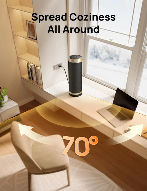 Space Heater With 1500W Power, Thermostat, 70 Degree Oscillation, Five Modes, Remote, 12 Hour Timer; ETL Certified heater on desk