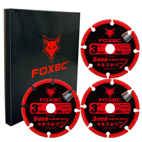 FOXBC 3-inch diamond cutoff wheels, 3-pack, 3/8 in arbor, red/black label design, shown with FOXBC box