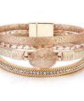 Premium Gold Boho Leather Wrap Bracelet Featuring Chunky Crystal Beads And Sparkling Rhinestone Layers With Strong Magnetic Clasp. Close-up view.