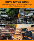 Off-road vehicles using 3/8 Inch Dyneema Winch Rope 85 Feet 27,500 Lb Heavy Duty UHMWPE Synthetic Cable in various terrains