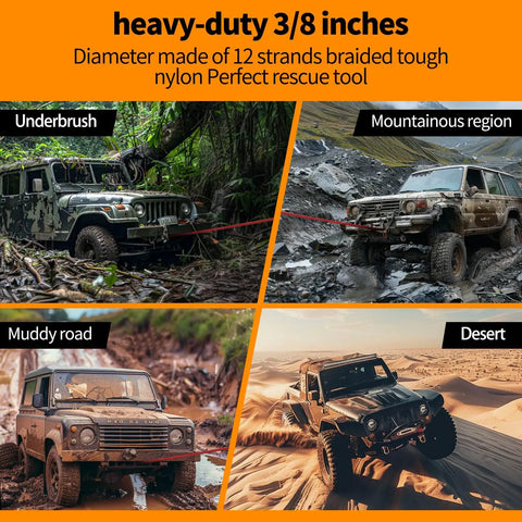 Off-road vehicles using 3/8 Inch Dyneema Winch Rope 85 Feet 27,500 Lb Heavy Duty UHMWPE Synthetic Cable in various terrains