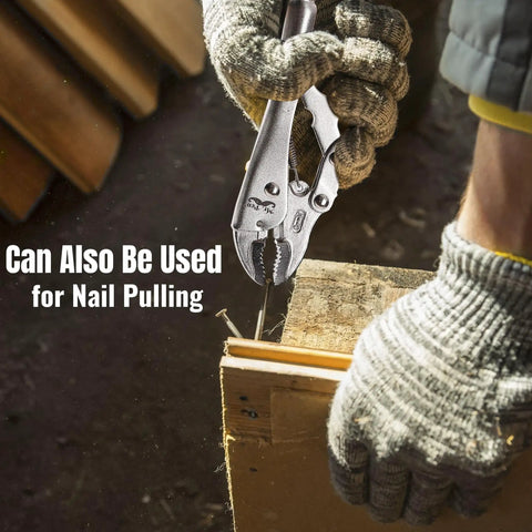Person using 7 Inch Curved Jaw Locking Pliers With Wire Cutter And Adjustable Wrench to pull nail from wood