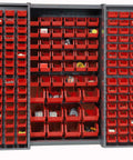 Built Like A Tank Industrial Storage Cabinet, Real Deal For Garage Organization. Comes Loaded With 144 Vibrant Red Plastic Sorting Bins.