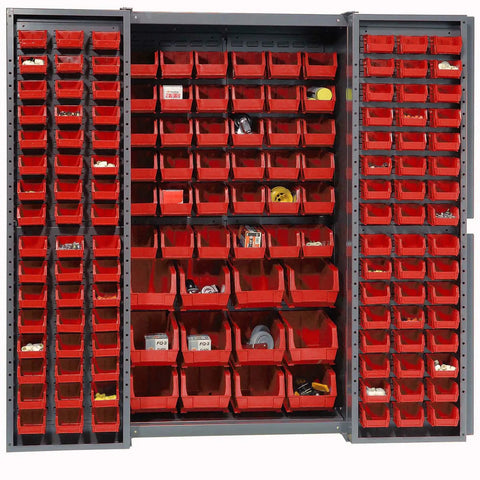 Built Like A Tank Industrial Storage Cabinet, Real Deal For Garage Organization. Comes Loaded With 144 Vibrant Red Plastic Sorting Bins.