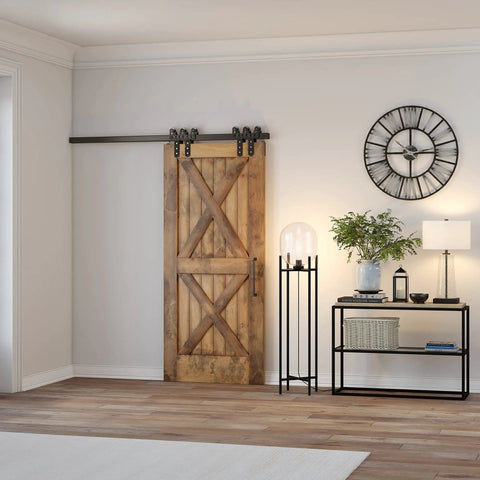 Tall Floor Lamp With Glass Shade In Blackened Bronze And Clear Finish, 55 Inch beside wooden door in living room setting