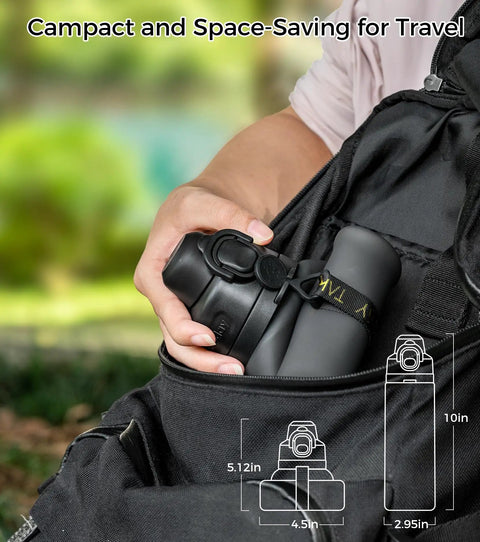 Person packing collapsible 21oz silicone water bottle with straw, carry strap, leakproof screw lid into backpack, compact for travel.