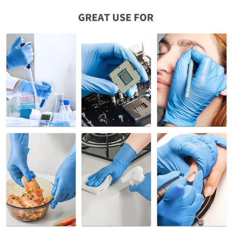Collage showing blue nitrile disposable gloves used for labs, cooking, cleaning, cosmetics, electronics, and crafts.