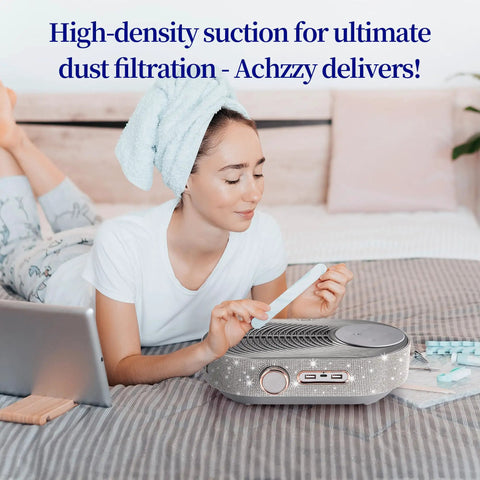 Pro Grade High Density Replacement Filter Two Pack for Nail Dust Collectors in use, woman filing nails on bed with filter.