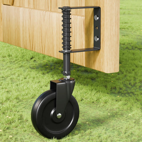 Spring Loaded 5 Inch Gate Caster Wheel For Outdoor Wood Gates And Fences Built Tough Heavy Duty 360 Degree Swivel Anti Sag Gate Kit 220 Lb Capacity Black Gate Support Wheel 1 Pack attached to wood gate