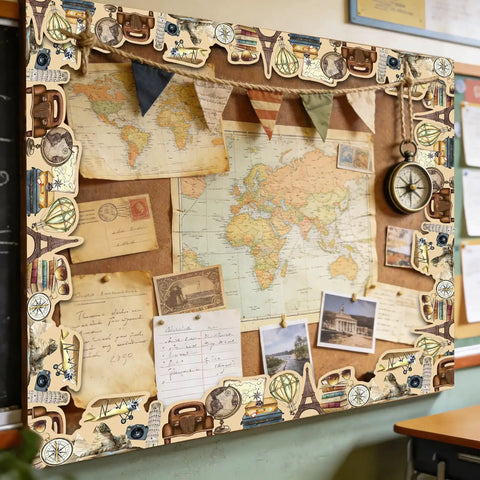 Vintage Travel Bulletin Board Border Roll With World Map Adventure Motifs, 65.6 Ft Long And 3 In Wide Die-Cut Border Trim