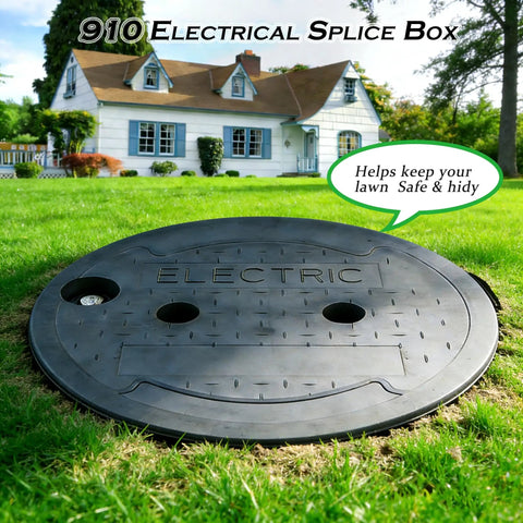Hella Durable Ten Inch Underground Electrical Junction Box With Easy Remove Lid For Outdoor Wire Splices And In Ground Circuit Connections Built Tough Solid Polyethylene For Dead Simple Maintenance placed in lawn.