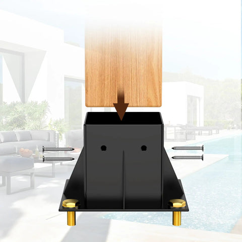 Heavy Duty 4x4 Post Brackets For Wood Posts 4 Pieces DIY Post Base Kit Easy Install For Gazebos Patio Pergolas And Log Cabins Inner Size 3.6x3.6 Powder Coated Galvanized Carbon Steel For Rust Resistance image showing bracket with wooden post insertion and screws.