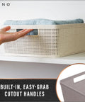 Small Natural Woven Plastic Basket 5 Pack Home Organization Closets Kitchen Bedrooms Space Saving Storage Bins with cutout handle and towel.